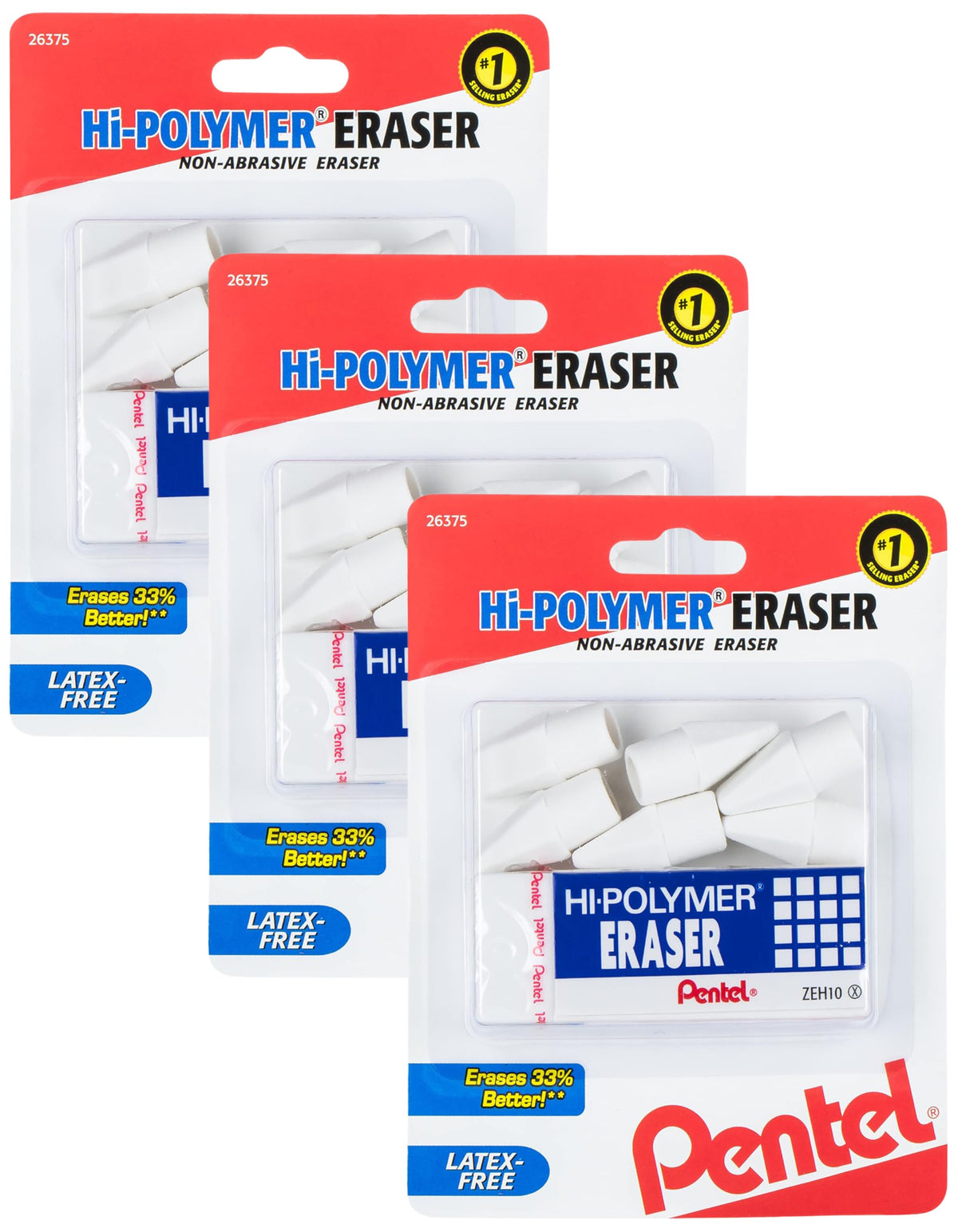 Pentel Hi-Polymer Block Eraser, Large, White, Pack of 10 Erasers