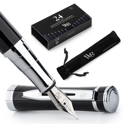 Wordsworth & Black Luxury Fountain Pen Set for Writing, Medium Nib, Silver