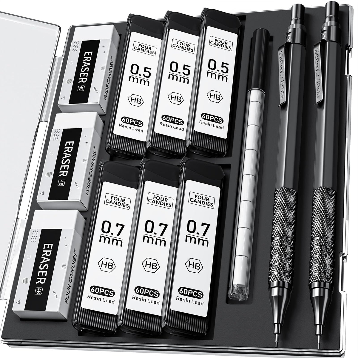 2PCS Metal Mechanical Pencil Set, 0.5mm+0.7mm, Storage Case, Black＆Silver