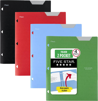 Five Star 2-Pocket Plastic Folder with Stay-Put Tabs, Fits 3-Ring Binder, Holds 8.5" x 11" Paper, Assorted Colors, 4 Pack (333420B)