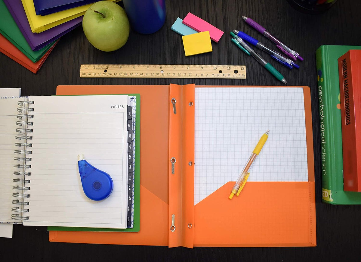 Smead Plastic 2 Pocket Folders with Pockets & Prongs, Orange 3 Pack
