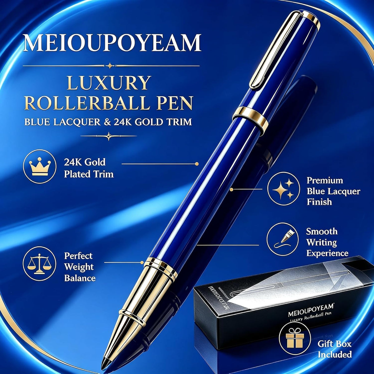 Luxury Rollerball Pen with 24K Gold Trim, Fancy Executive Professional Writing Gift Set for Men & Women, Premium Nice Pens with Smooth Ink for Journaling, Heavy Brass Body, Gloss Blue
