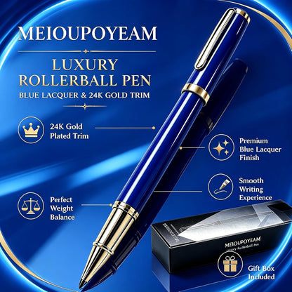 Luxury Rollerball Pen with 24K Gold Trim, Fancy Executive Professional Writing Gift Set for Men & Women, Premium Nice Pens with Smooth Ink for Journaling, Heavy Brass Body, Gloss Blue