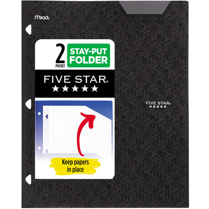 Five Star 2-Pocket Folder, Plastic Folder with Stay-Put Tabs, Fits 3-Ring Binder, Holds 8-1/2" x 11" Paper, Black (333420G-ECM)
