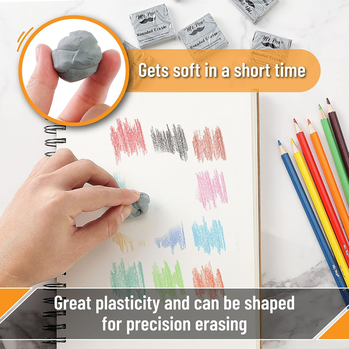 Mr. Pen- Kneaded Erasers, 1.44" x 1.36", 6 Pack, Gray